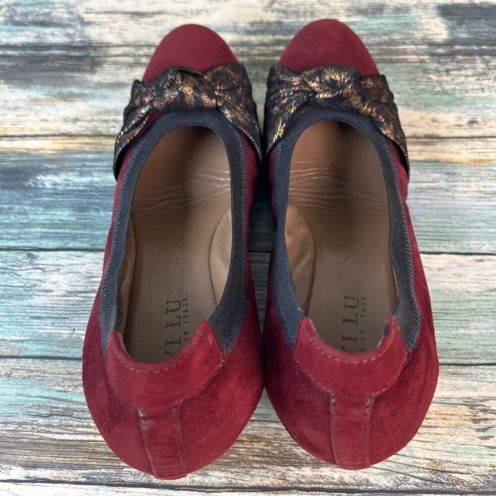 Anyi Lu Wedge Heel Pumps Shoe Womens Size 7.5-8/38 Burgundy Suede Handmade Italy